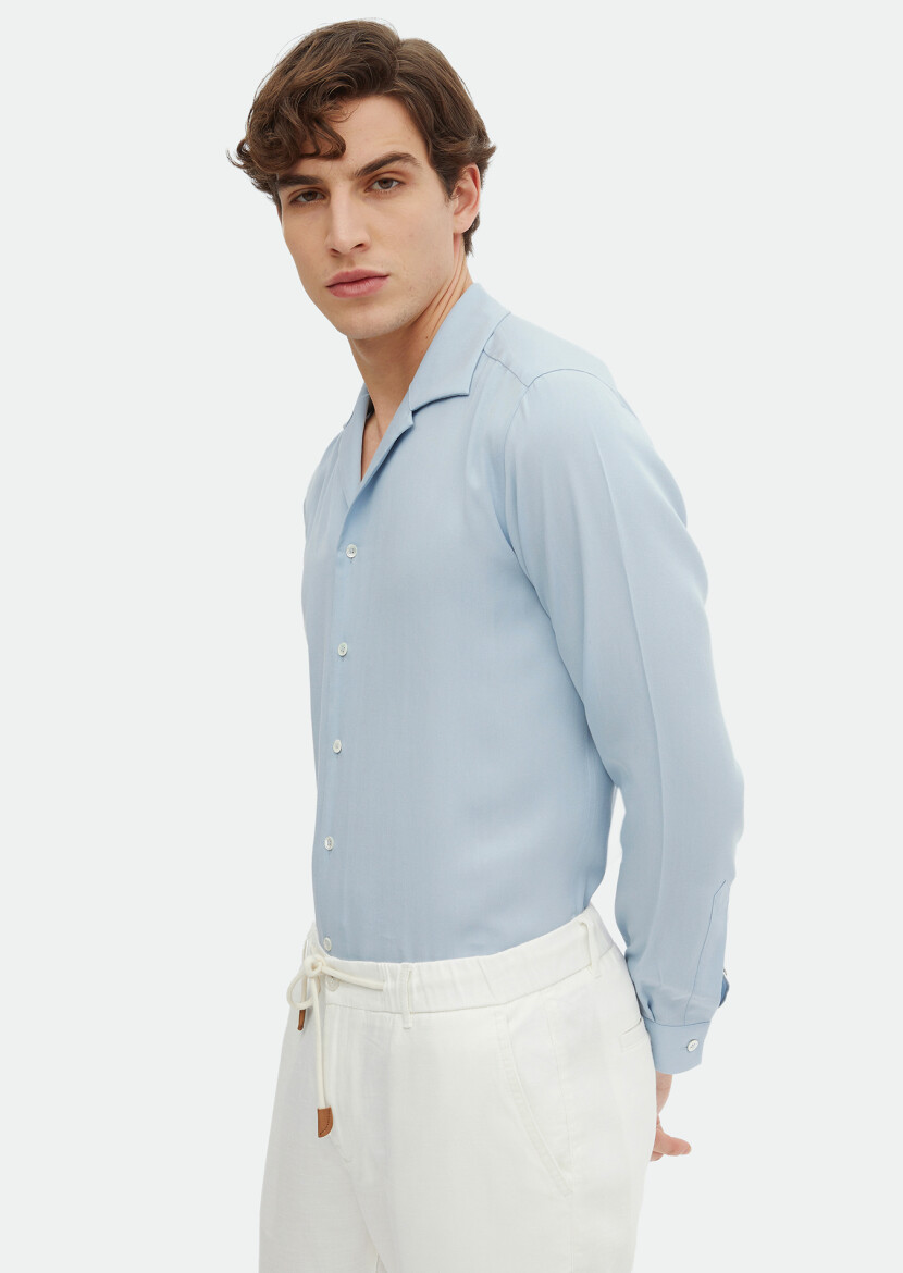 Blue Plain Regular Fit Long Weaving Classical Shirt - RAMSEY