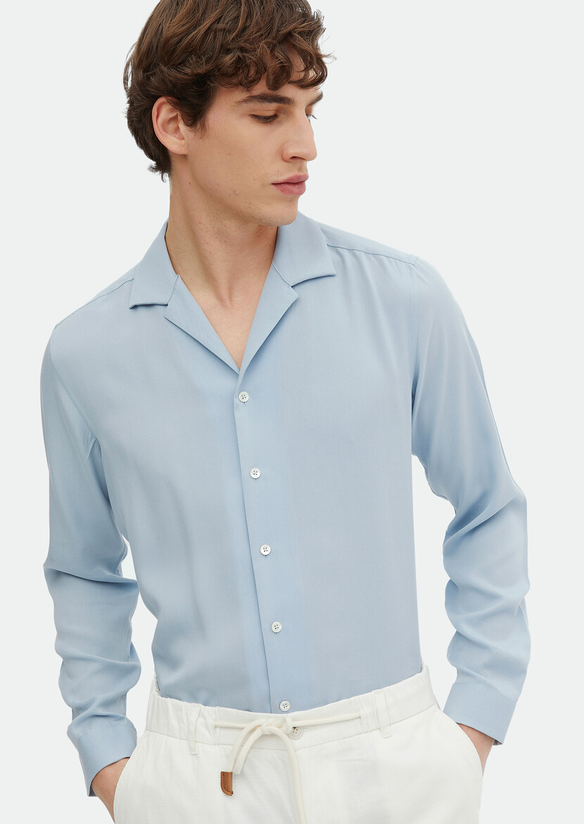 Blue Plain Regular Fit Weaving Classical Shirt - 3