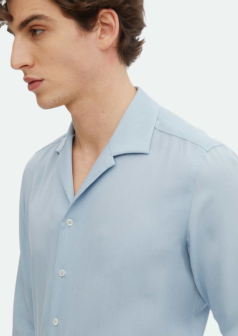 Blue Plain Regular Fit Weaving Classical Shirt - 4