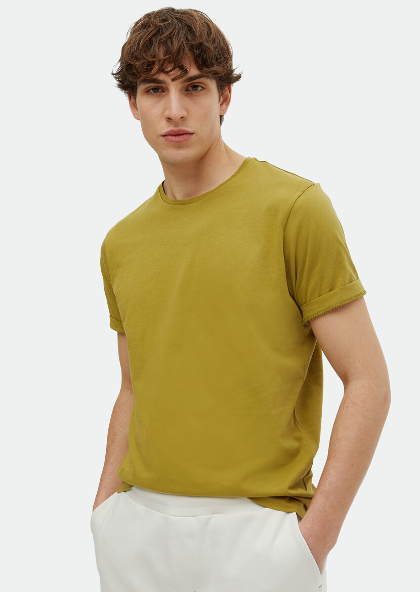 Yağ Yeşili Baskılı Bisiklet Yaka %100 Pamuk T-Shirt - RAMSEY