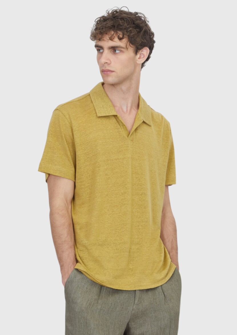 Yağ Yeşili Düz %100 Keten T-Shirt - 1