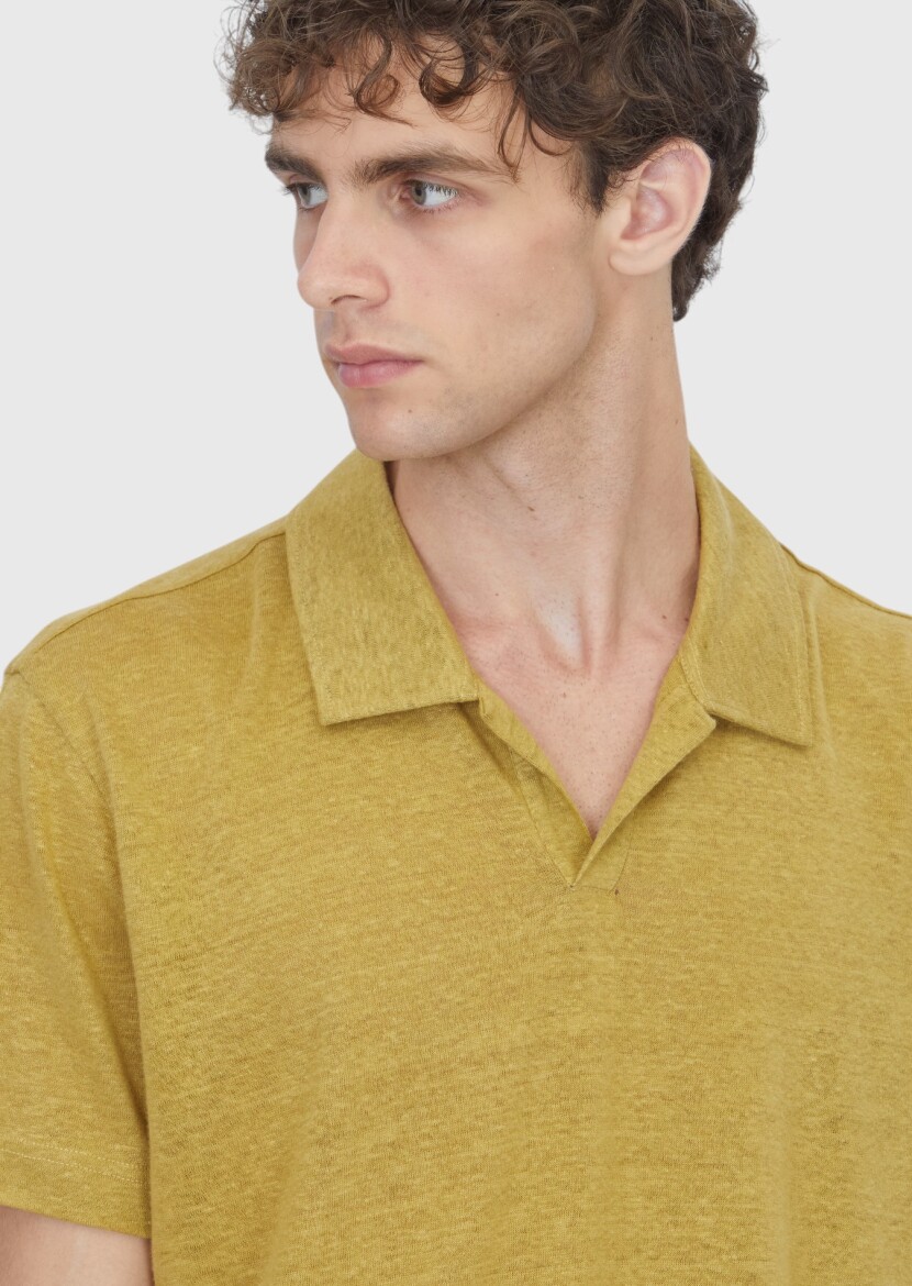 Yağ Yeşili Düz %100 Keten T-Shirt - 3