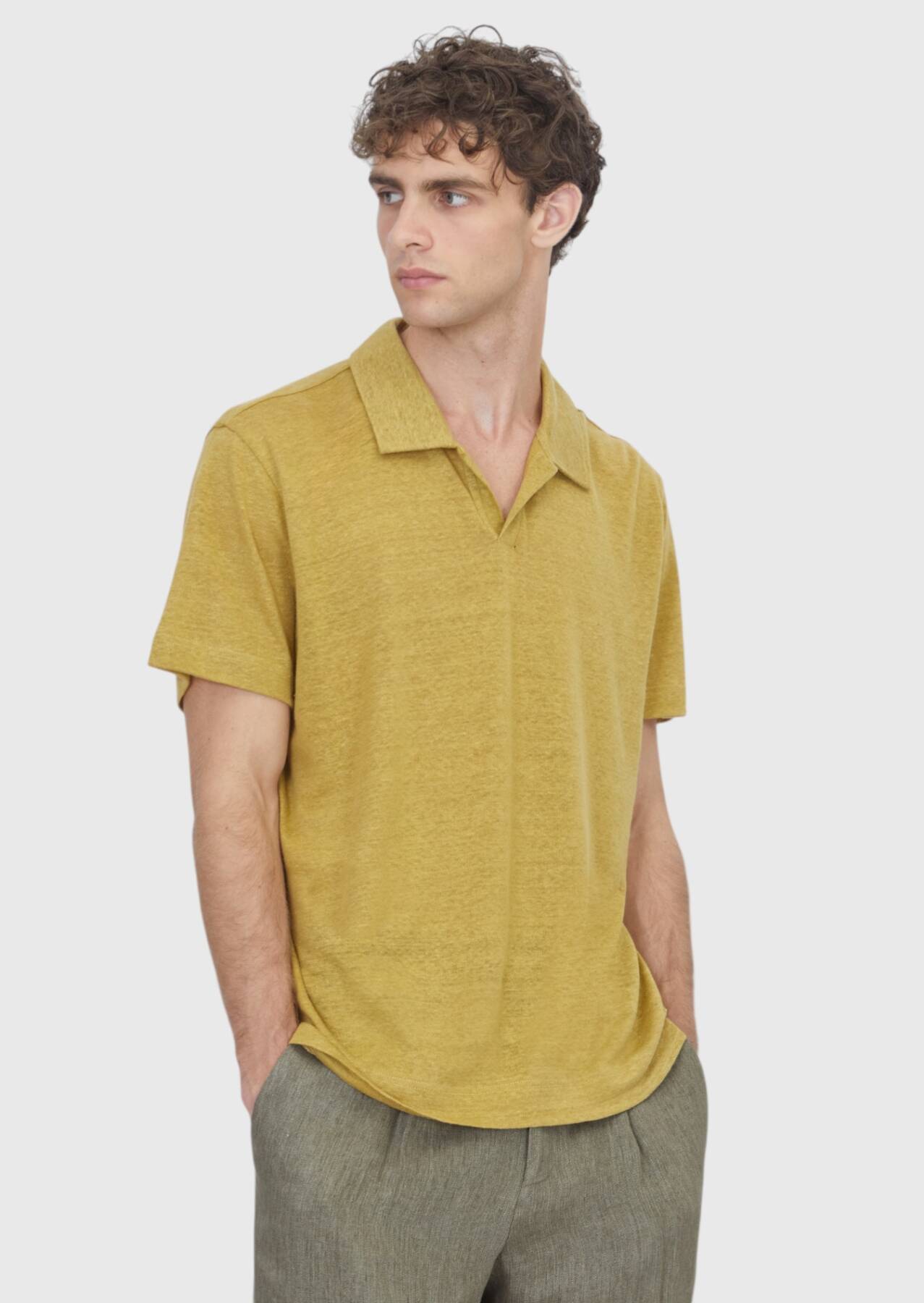 Yağ Yeşili Düz %100 Keten T-Shirt