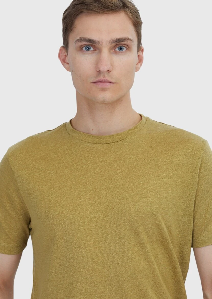 Yağ Yeşili Düz Bisiklet Yaka %100 Keten T-Shirt - 3