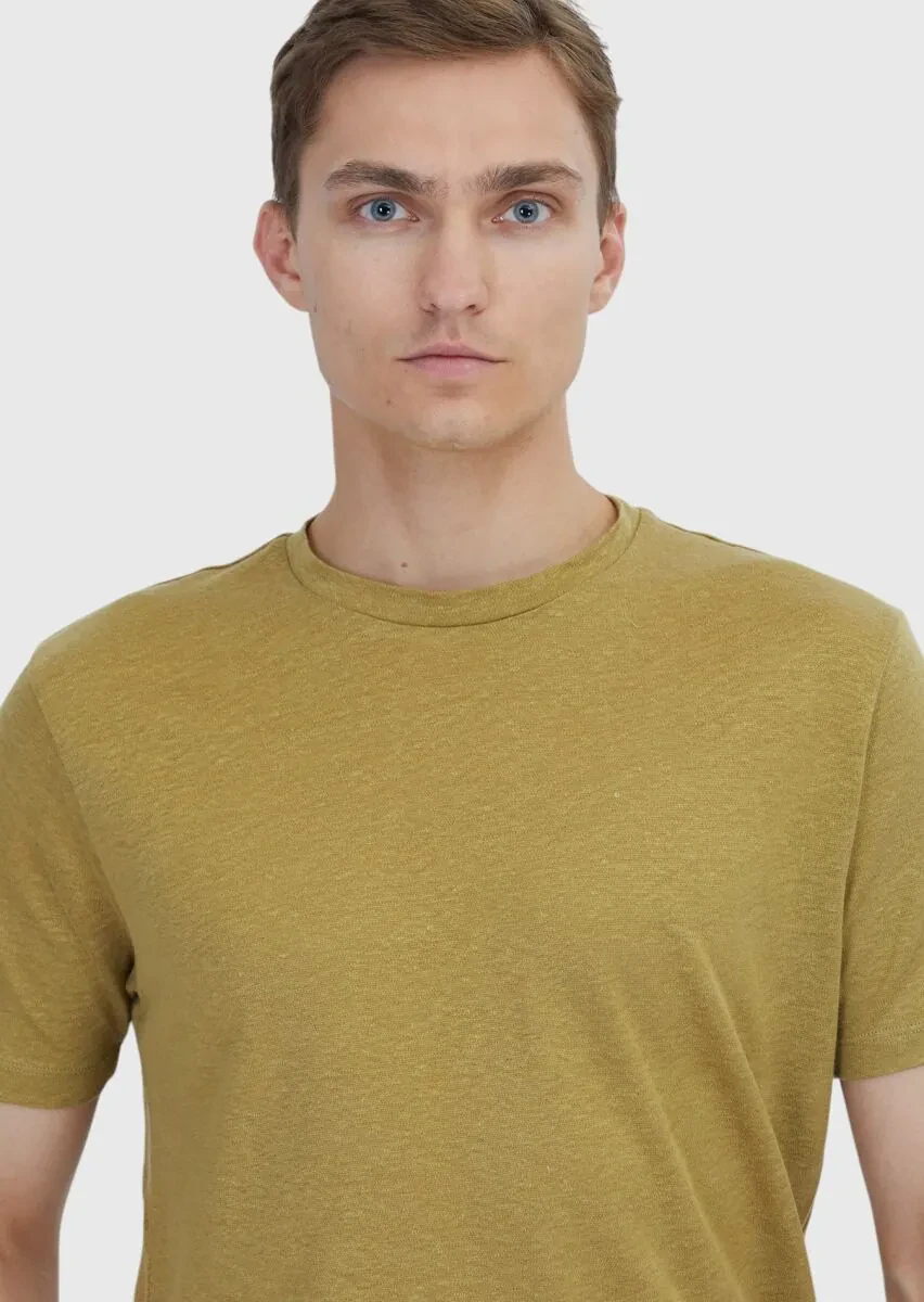 Yağ Yeşili Düz Bisiklet Yaka %100 Keten T-Shirt - 3