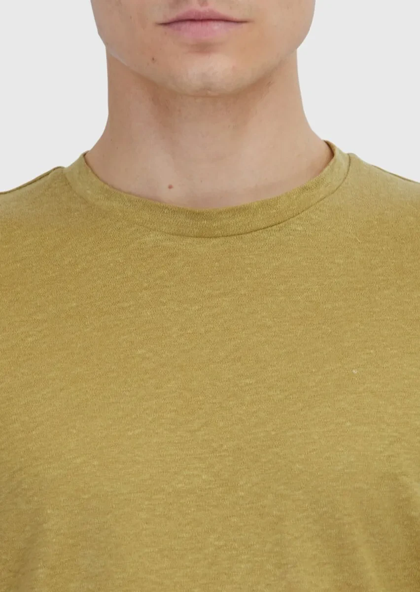 Yağ Yeşili Düz Bisiklet Yaka %100 Keten T-Shirt - 4