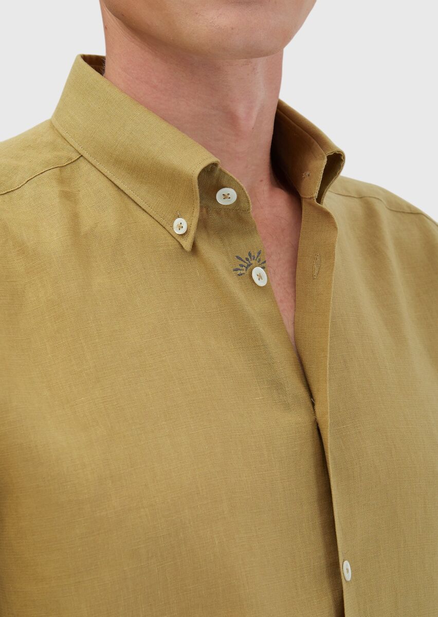 Yağ Yeşili Düz Casual Fit Dokuma Casual Pamuk Karışımlı Gömlek - 5