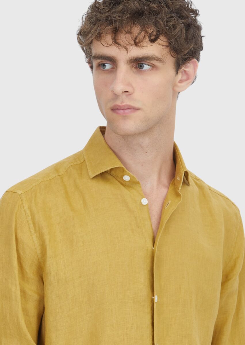 Yağ Yeşili Düz Casual Fit Uzun Dokuma Casual %100 Keten Gömlek - 4