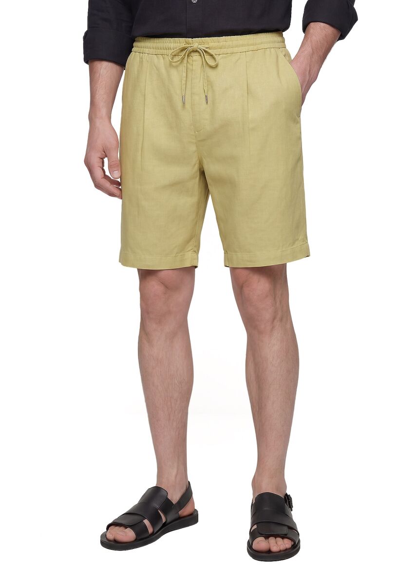 Yağ Yeşili Düz Dokuma Jogging Fit Casual Keten Karışımlı Bermuda - 2