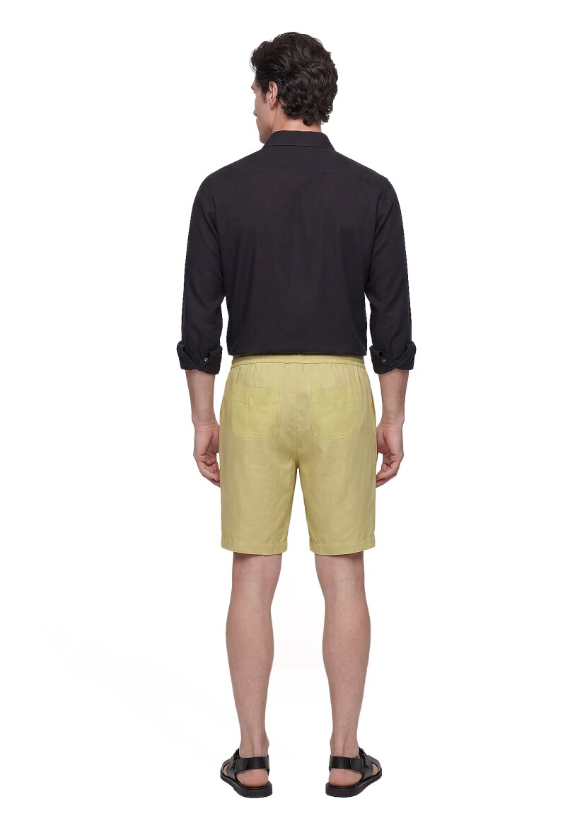 Yağ Yeşili Düz Dokuma Jogging Fit Casual Keten Karışımlı Bermuda - 4