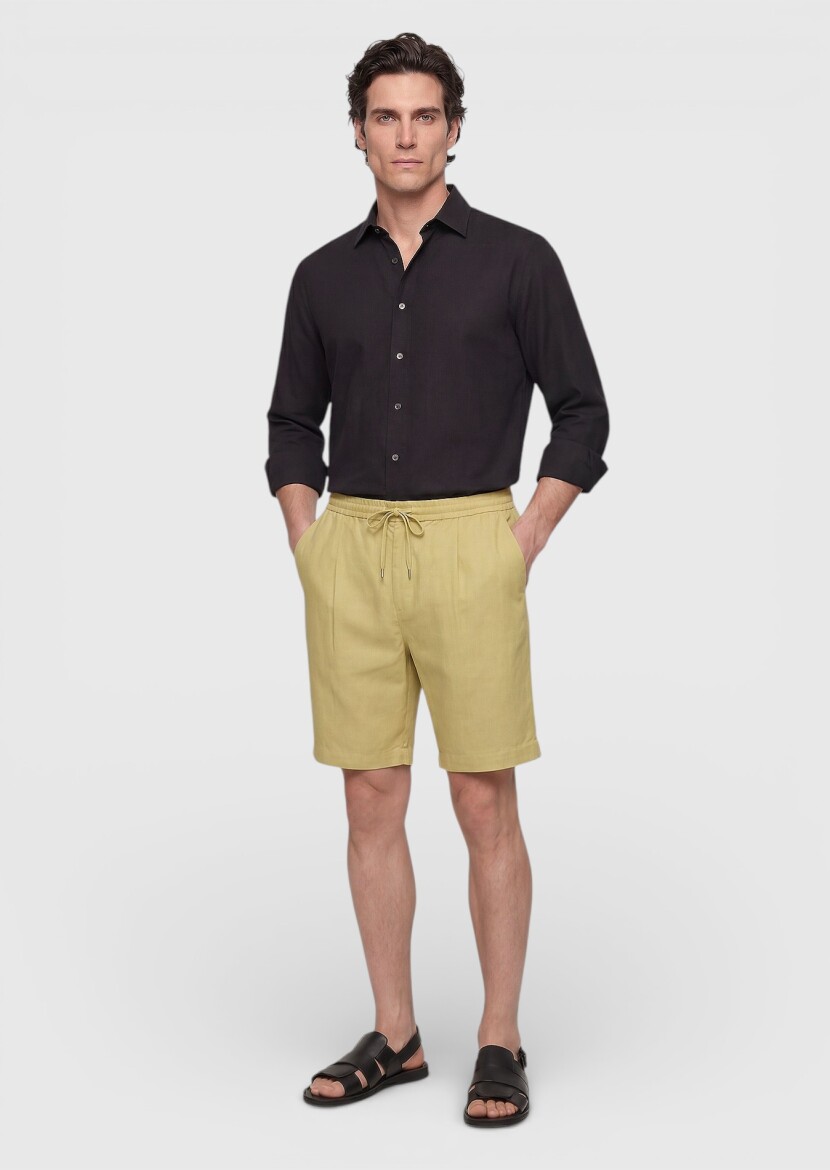 Yağ Yeşili Düz Dokuma Jogging Fit Casual Keten Karışımlı Bermuda - 3