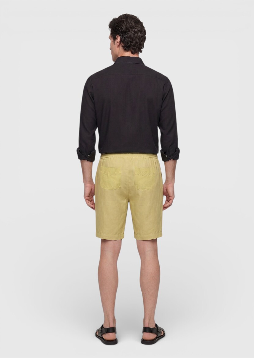 Yağ Yeşili Düz Dokuma Jogging Fit Casual Keten Karışımlı Bermuda - 4