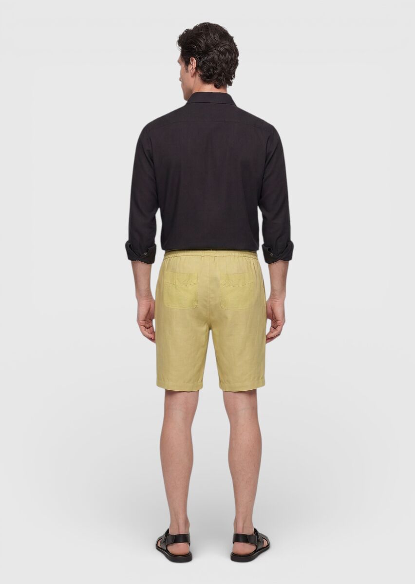 Yağ Yeşili Düz Dokuma Jogging Fit Casual Keten Karışımlı Bermuda - 4