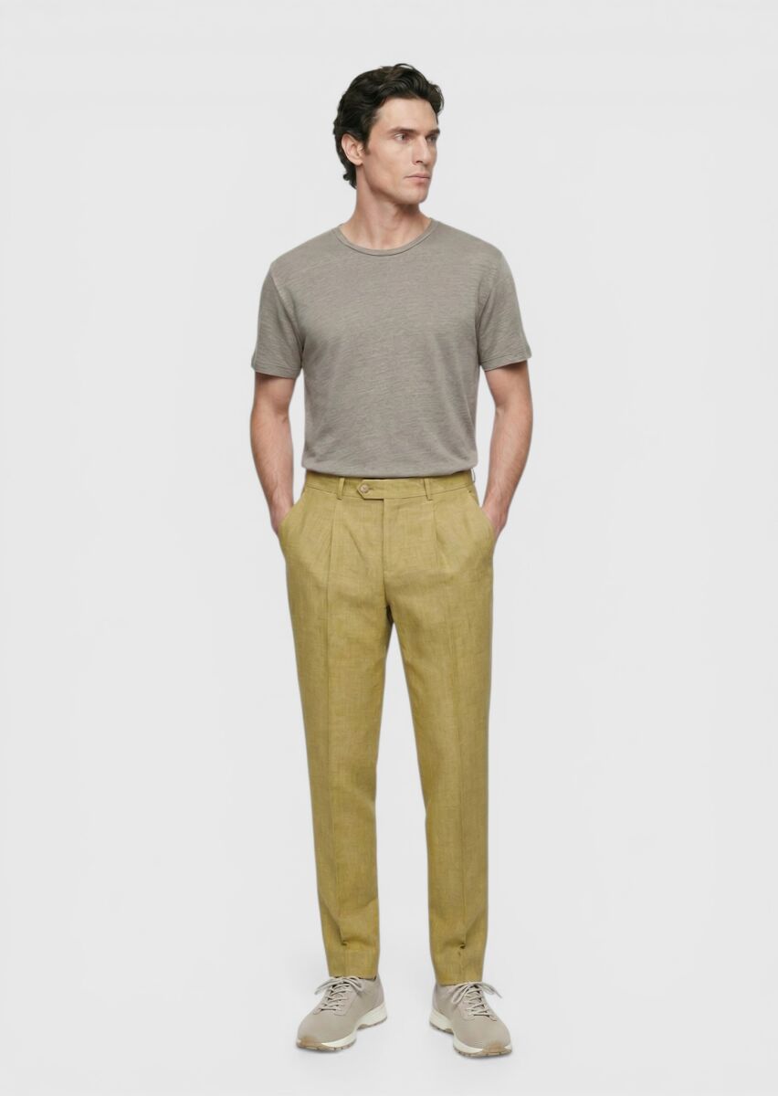 Yağ Yeşili Düz Dokuma Regular Fit Casual %100 Keten Pantolon - 1