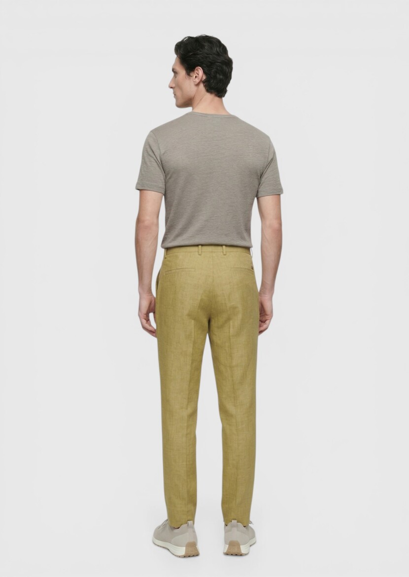 Yağ Yeşili Düz Dokuma Regular Fit Casual %100 Keten Pantolon - 5