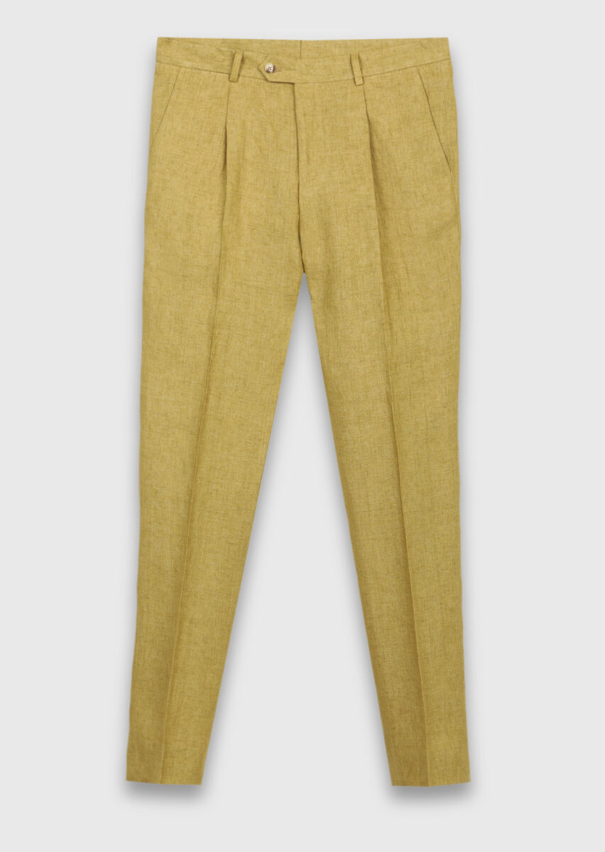 Yağ Yeşili Düz Dokuma Regular Fit Casual %100 Keten Pantolon - 6