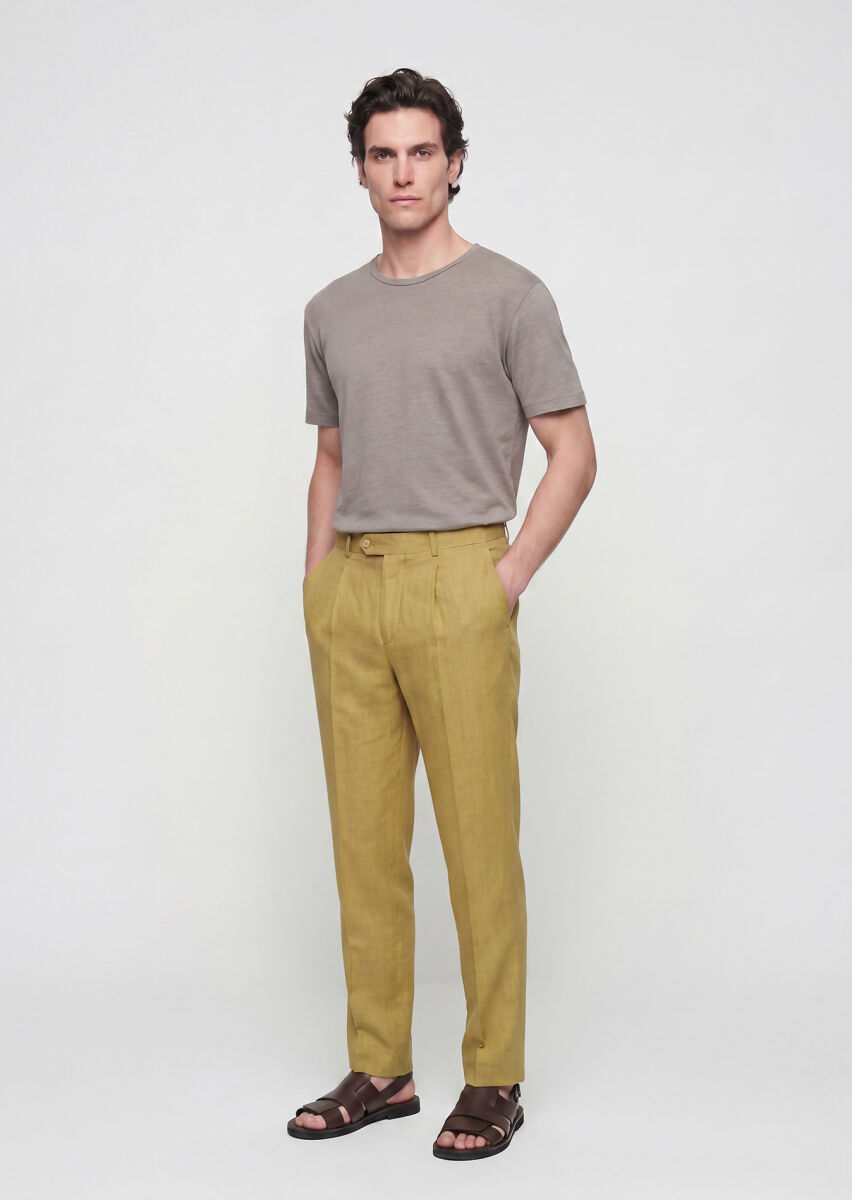 Yağ Yeşili Düz Dokuma Regular Fit Casual %100 Keten Pantolon - 2