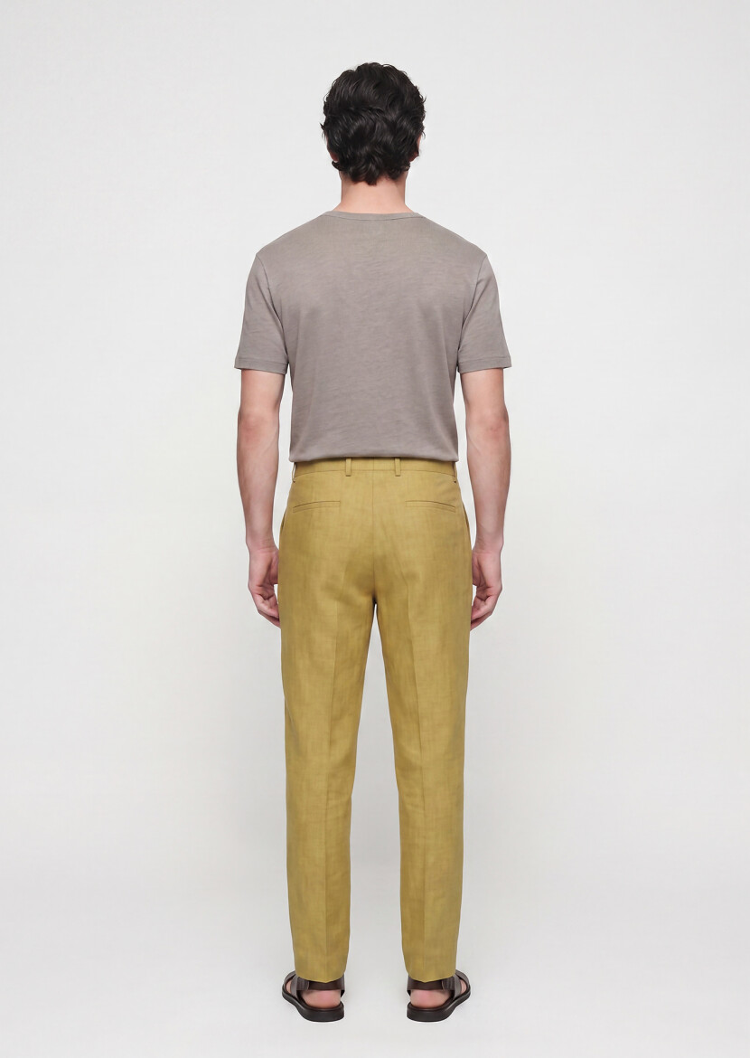 Yağ Yeşili Düz Dokuma Regular Fit Casual %100 Keten Pantolon - 5