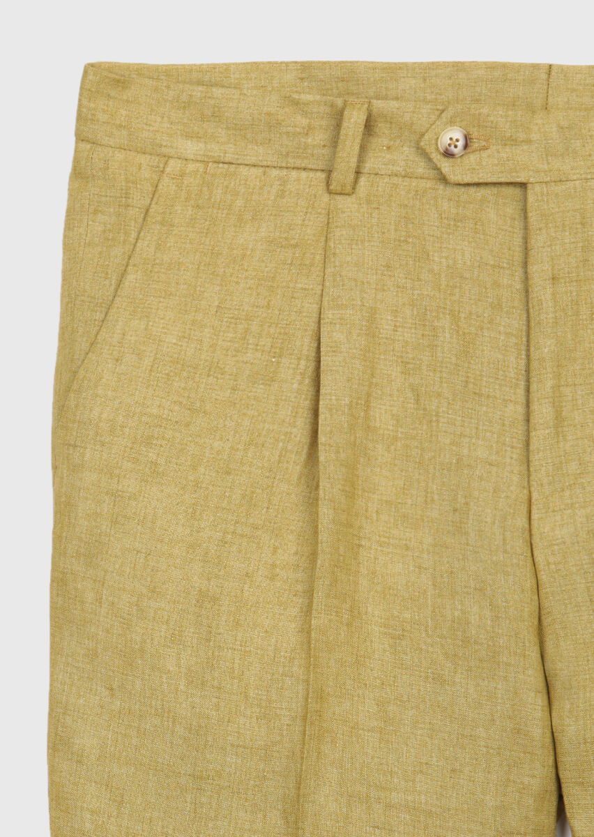 Yağ Yeşili Düz Dokuma Regular Fit Casual %100 Keten Pantolon - 7