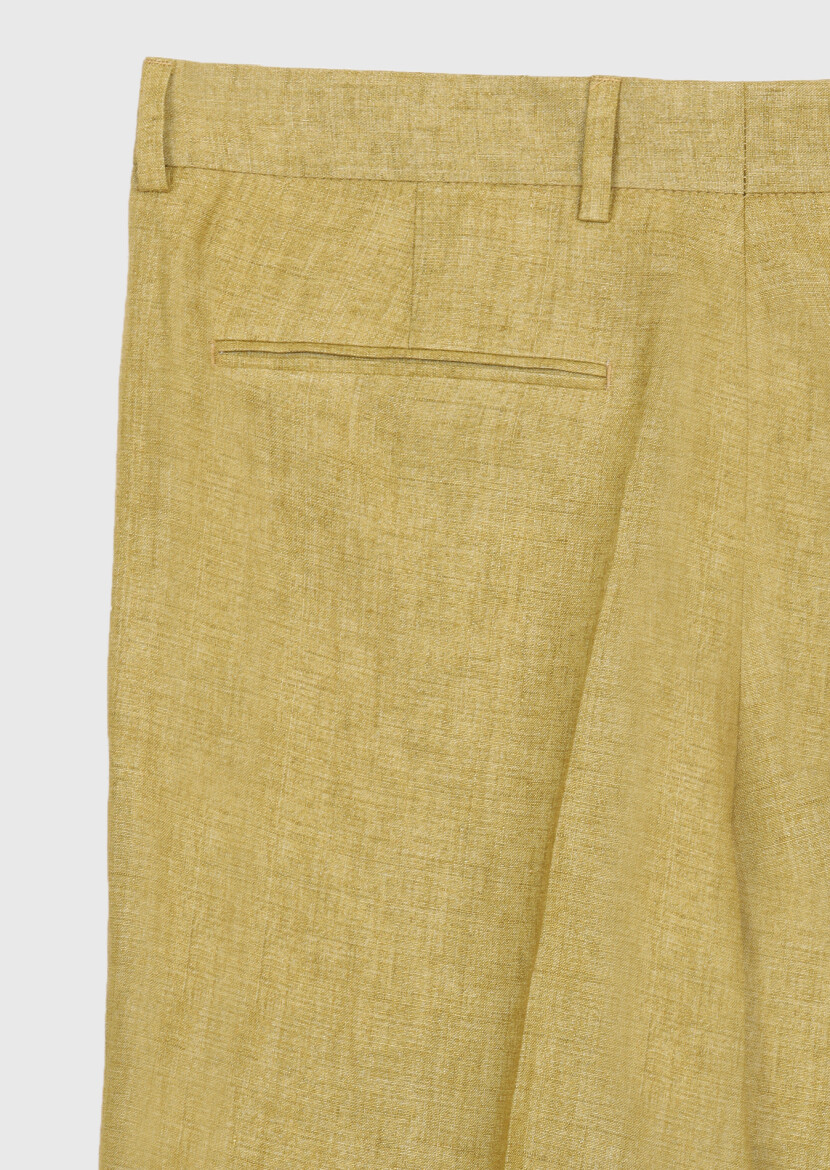 Yağ Yeşili Düz Dokuma Regular Fit Casual %100 Keten Pantolon - 8