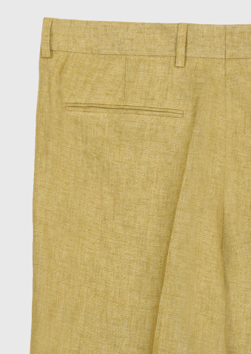 Yağ Yeşili Düz Dokuma Regular Fit Casual %100 Keten Pantolon - 8