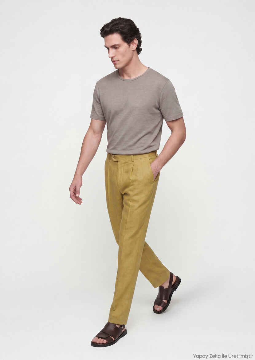Yağ Yeşili Düz Dokuma Regular Fit Casual %100 Keten Pantolon - RAMSEY