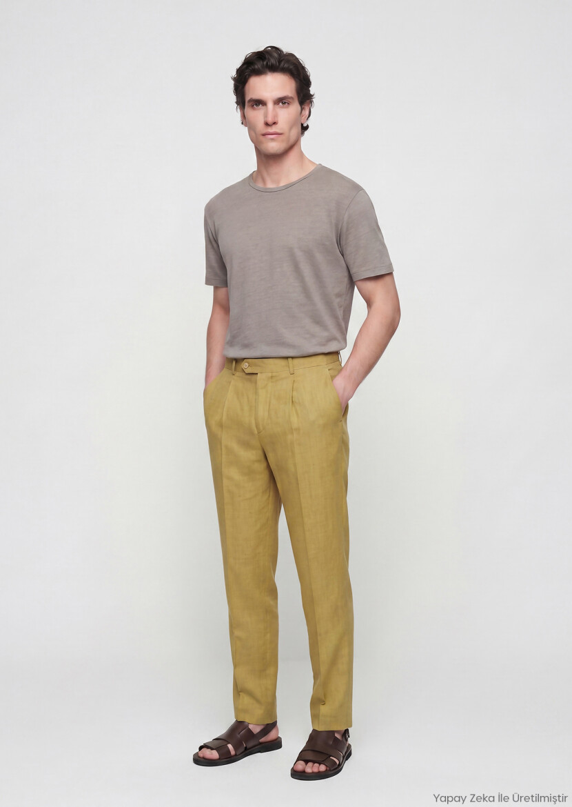 Yağ Yeşili Düz Dokuma Regular Fit Casual %100 Keten Pantolon - RAMSEY