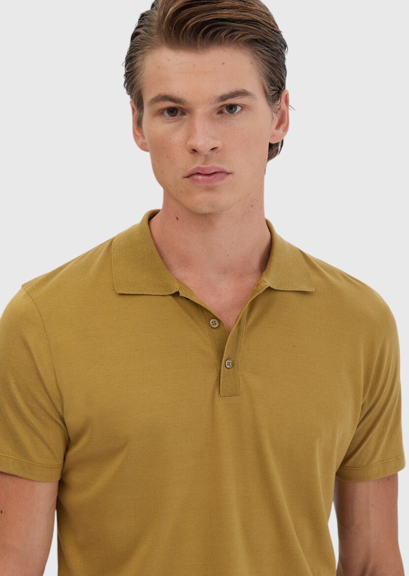Yağ Yeşili Düz Polo Yaka Pamuk Karışımlı T-Shirt - 4