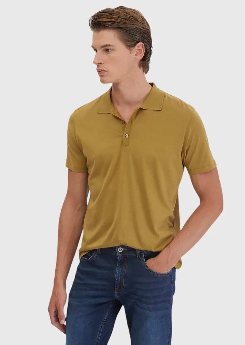 Yağ Yeşili Düz Polo Yaka Pamuk Karışımlı T-Shirt - 1