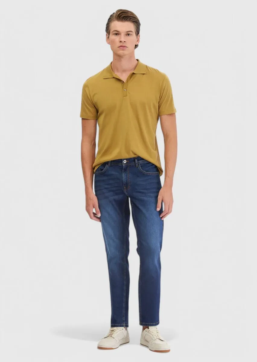 Yağ Yeşili Düz Polo Yaka Pamuk Karışımlı T-Shirt - 2