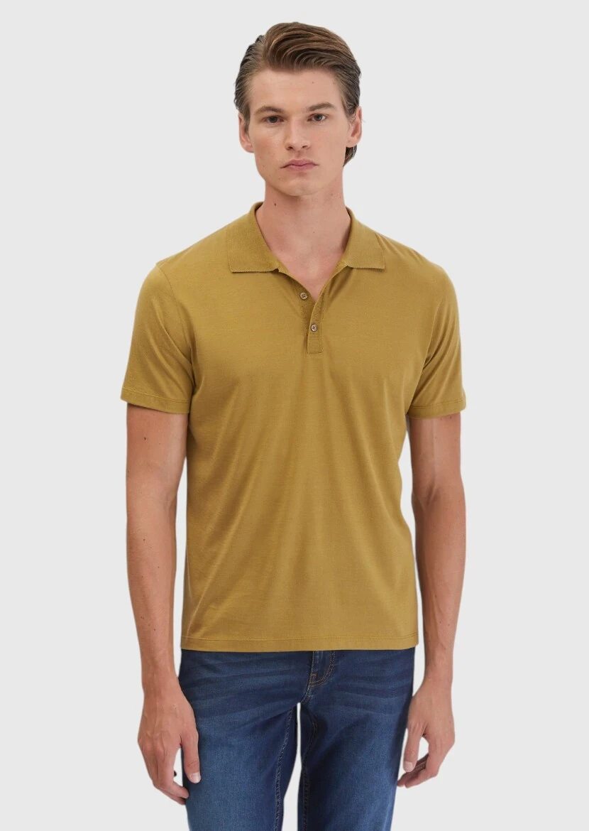 Yağ Yeşili Düz Polo Yaka Pamuk Karışımlı T-Shirt - 3