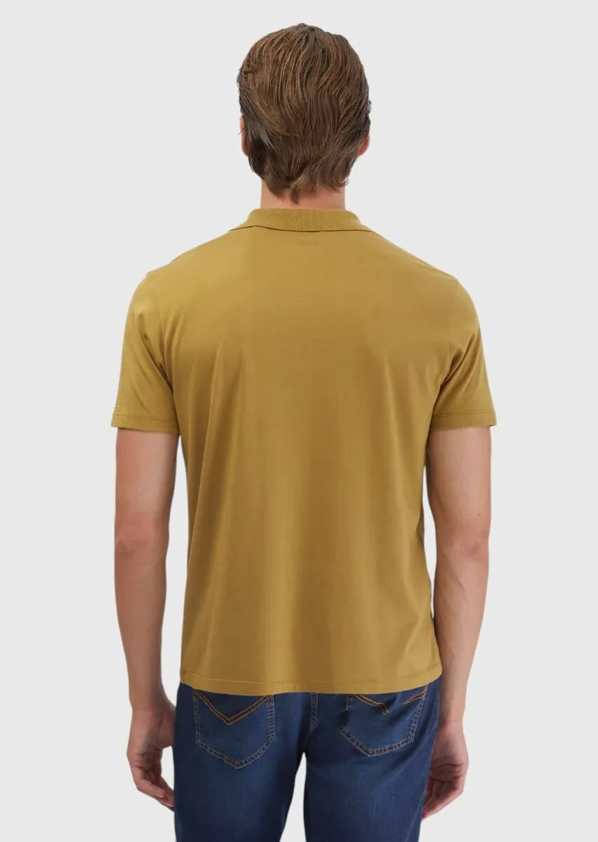 Yağ Yeşili Düz Polo Yaka Pamuk Karışımlı T-Shirt - 5