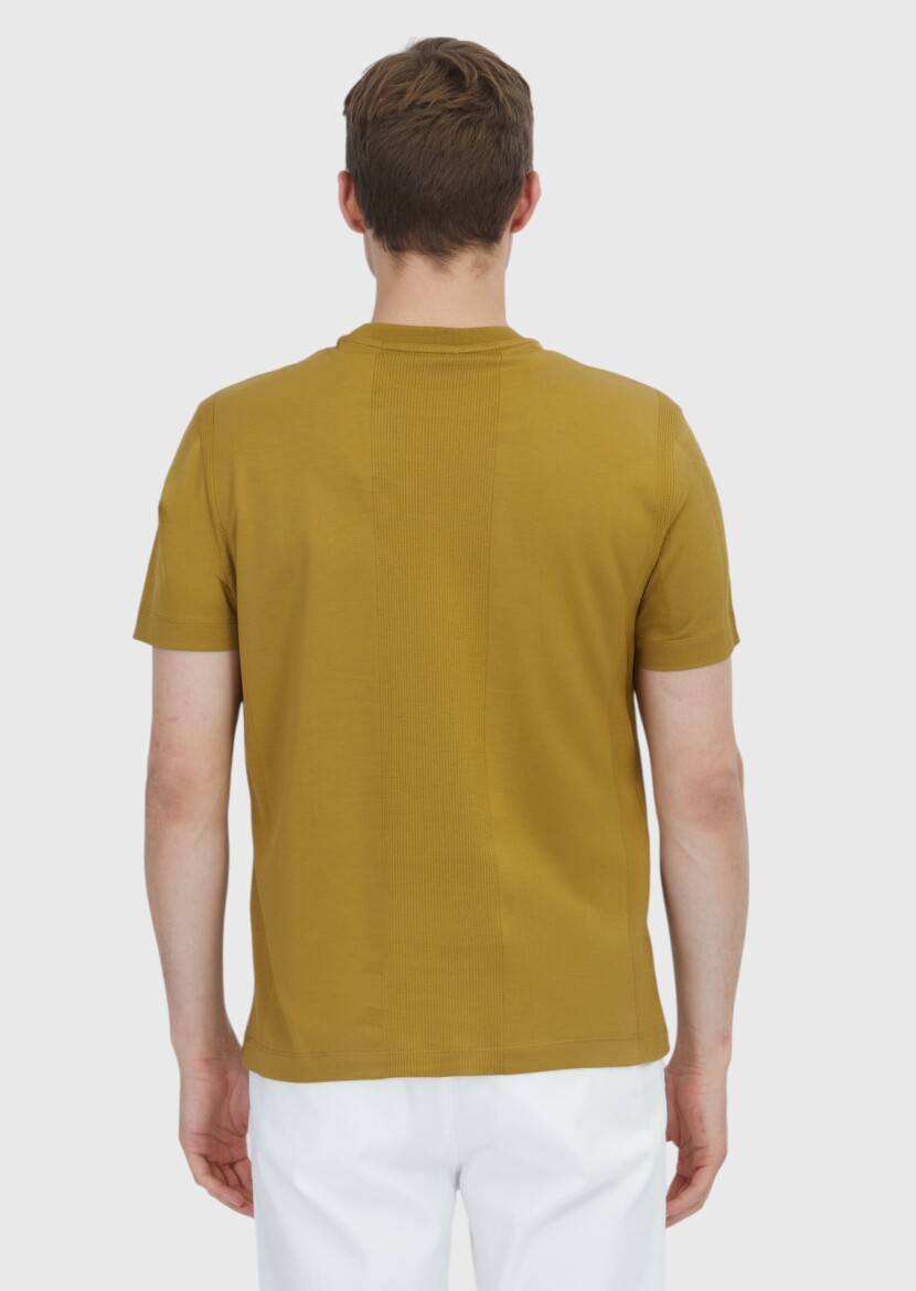 Yağ Yeşili Jakarlı Bisiklet Yaka %100 Pamuk T-Shirt - 4