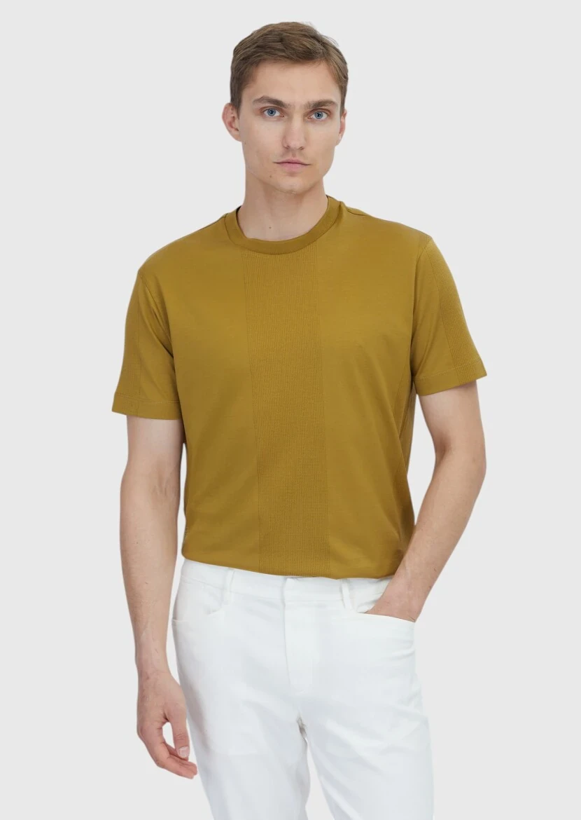 Yağ Yeşili Jakarlı Bisiklet Yaka %100 Pamuk T-Shirt - 1