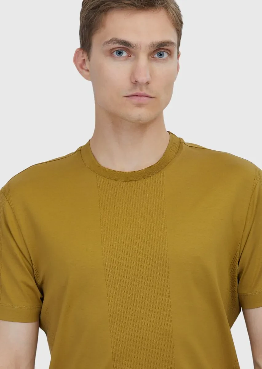 Yağ Yeşili Jakarlı Bisiklet Yaka %100 Pamuk T-Shirt - 3
