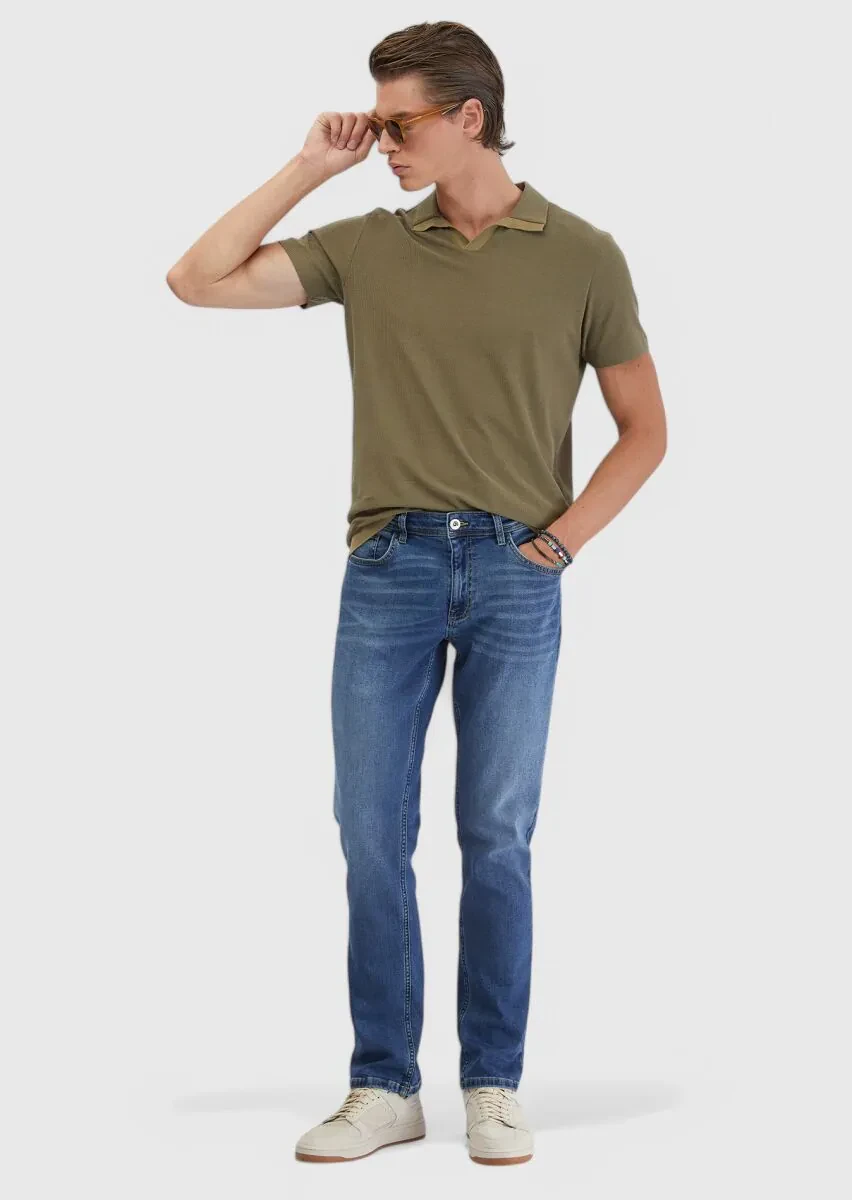 Yağ Yeşili Jakarlı Polo Yaka %100 Pamuk T-Shirt - 2