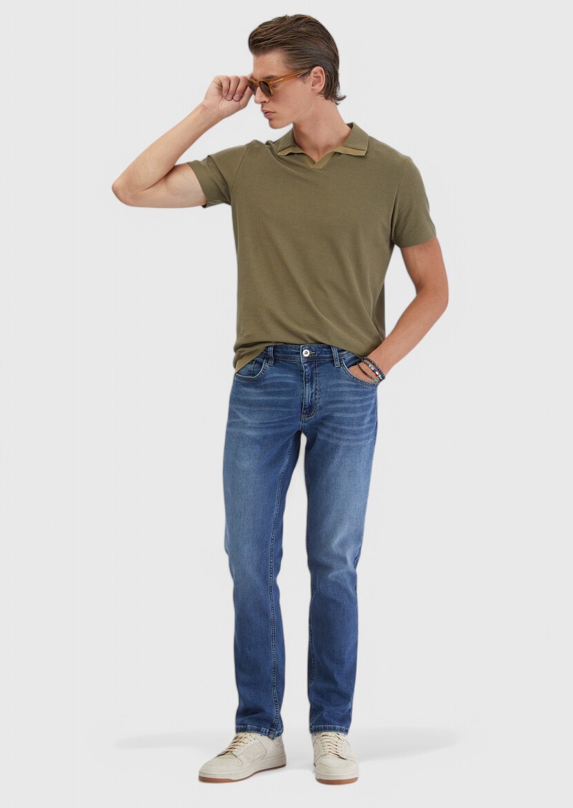 Yağ Yeşili Jakarlı Polo Yaka %100 Pamuk T-Shirt 