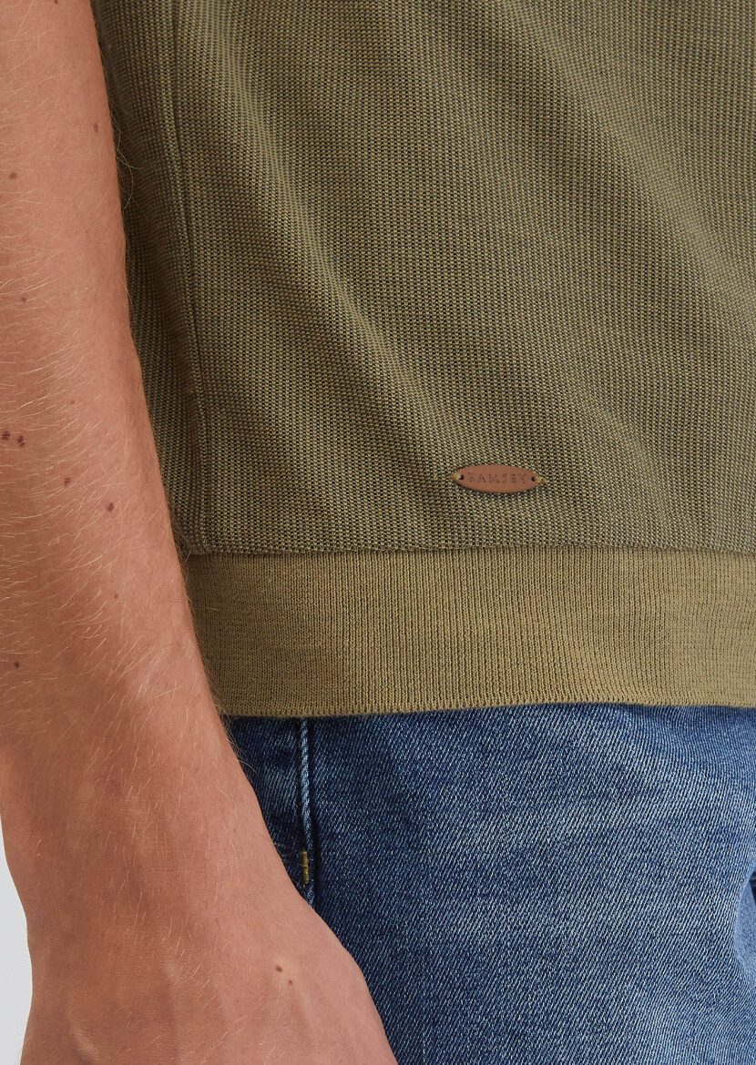 Yağ Yeşili Jakarlı Polo Yaka %100 Pamuk T-Shirt - 7