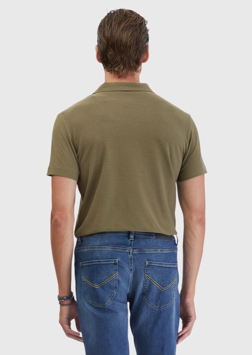 Yağ Yeşili Jakarlı Polo Yaka %100 Pamuk T-Shirt - 8