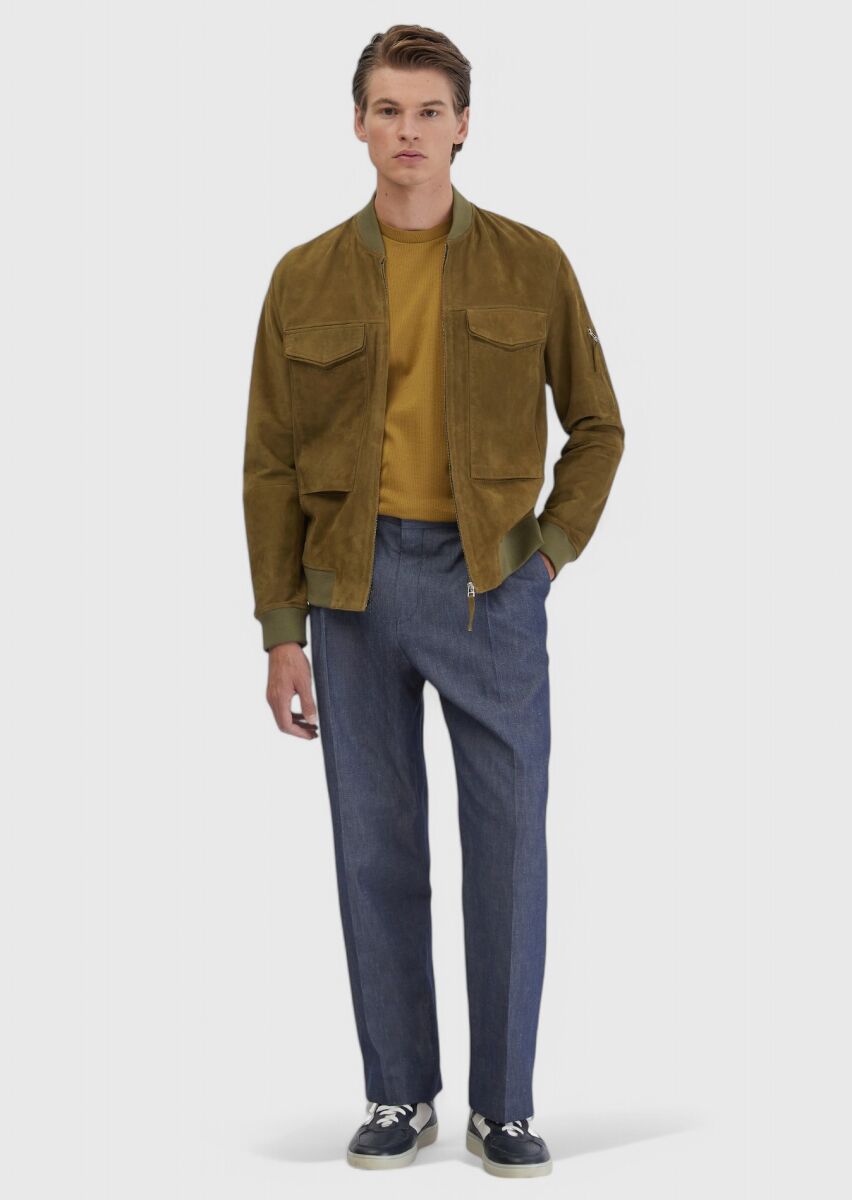 Yağ Yeşili Regular Fit Dik Yaka Casual Deri Mont - 2