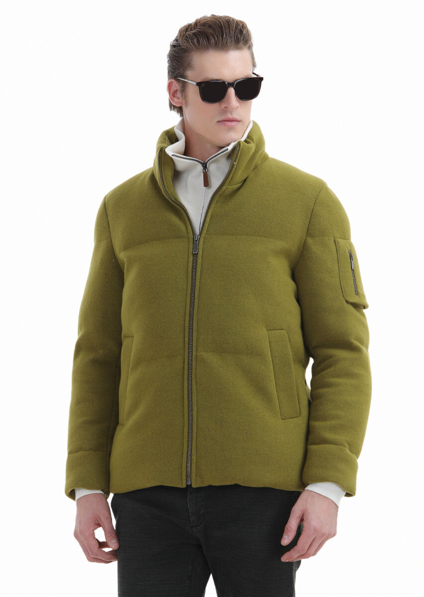 Yağ Yeşili Regular Fit Dik Yaka Casual Dokuma Mont - 4