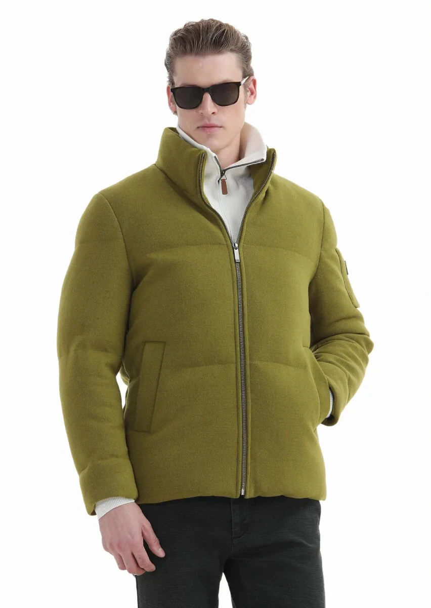 Yağ Yeşili Regular Fit Dik Yaka Casual Dokuma Mont - 4