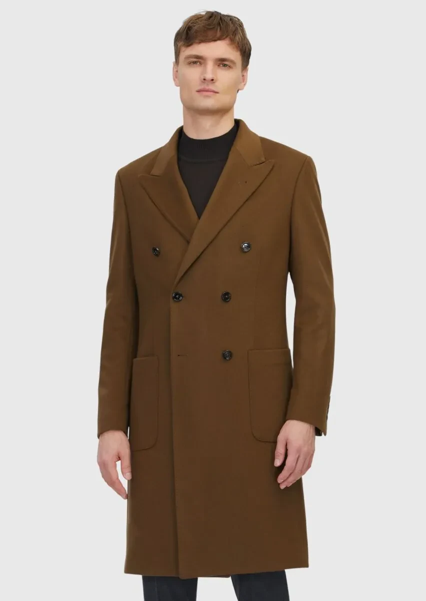 Yağ Yeşili Regular Fit Kruvaze Yaka Casual Dokuma Palto - 1