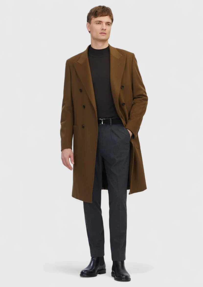 Yağ Yeşili Regular Fit Kruvaze Yaka Casual Dokuma Palto - 2