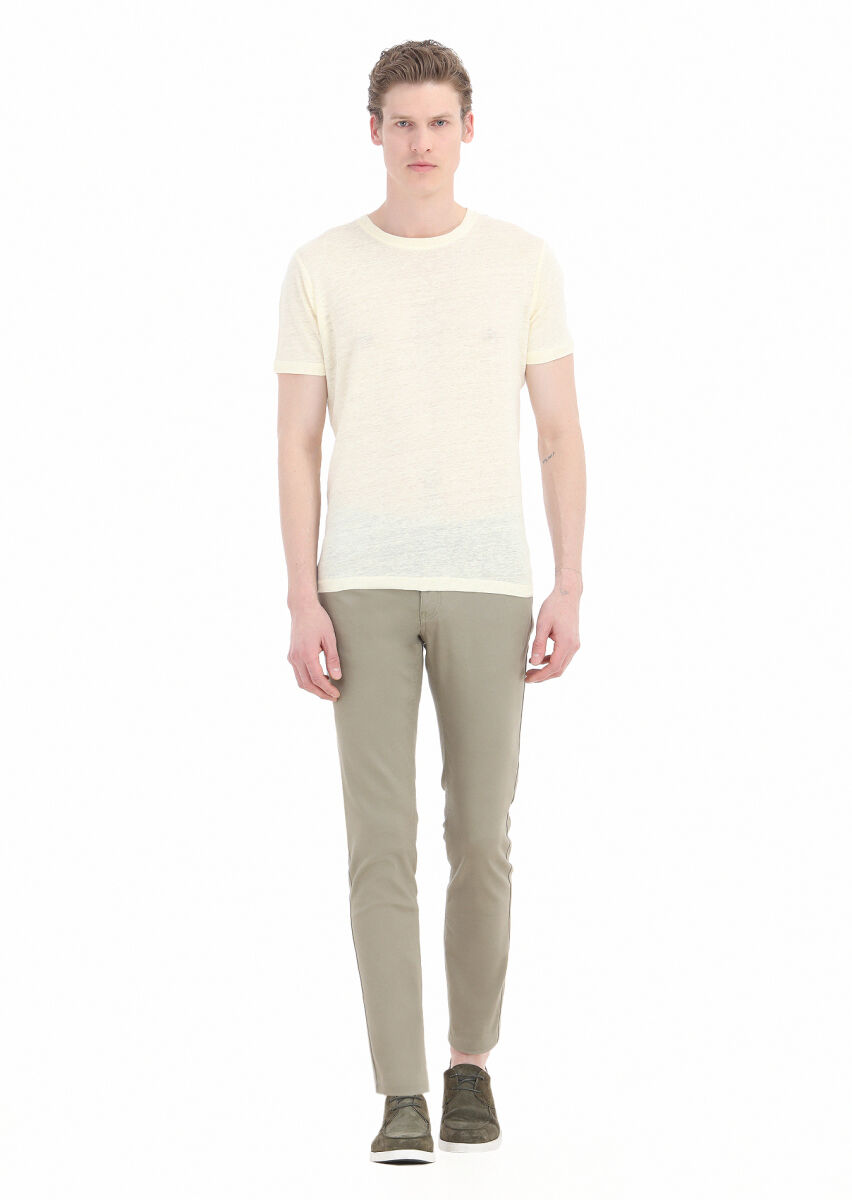 Yellow Plain Crew Neck 100% Linen T-Shirt - 1