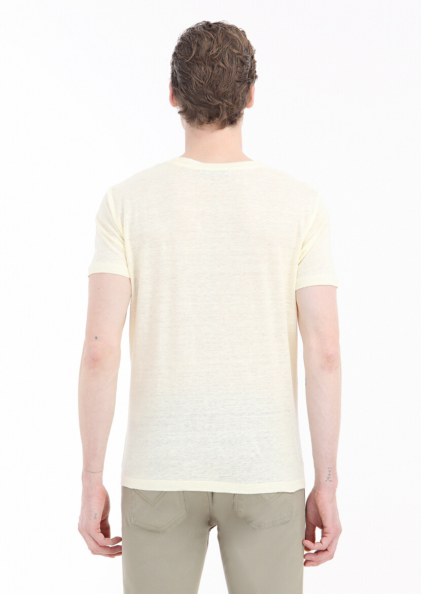 Yellow Plain Crew Neck 100% Linen T-Shirt - 4