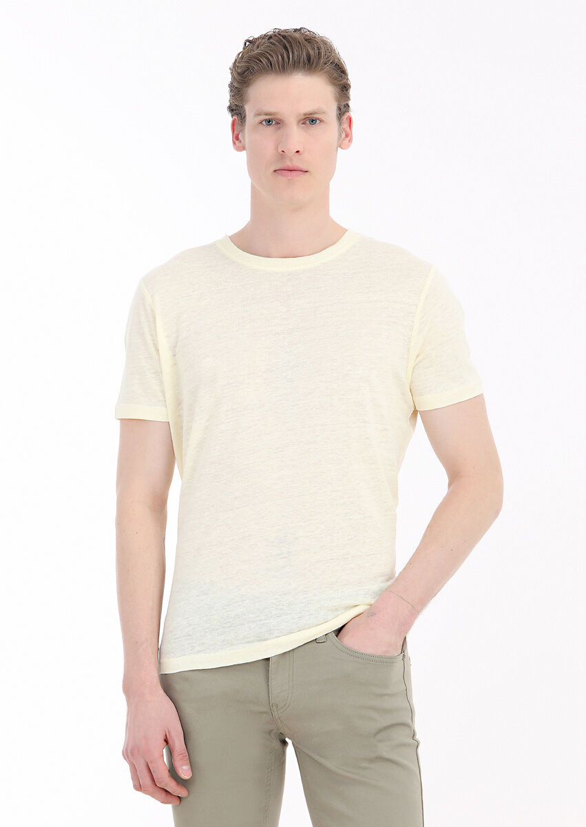 Yellow Plain Crew Neck 100% Linen T-Shirt - 2