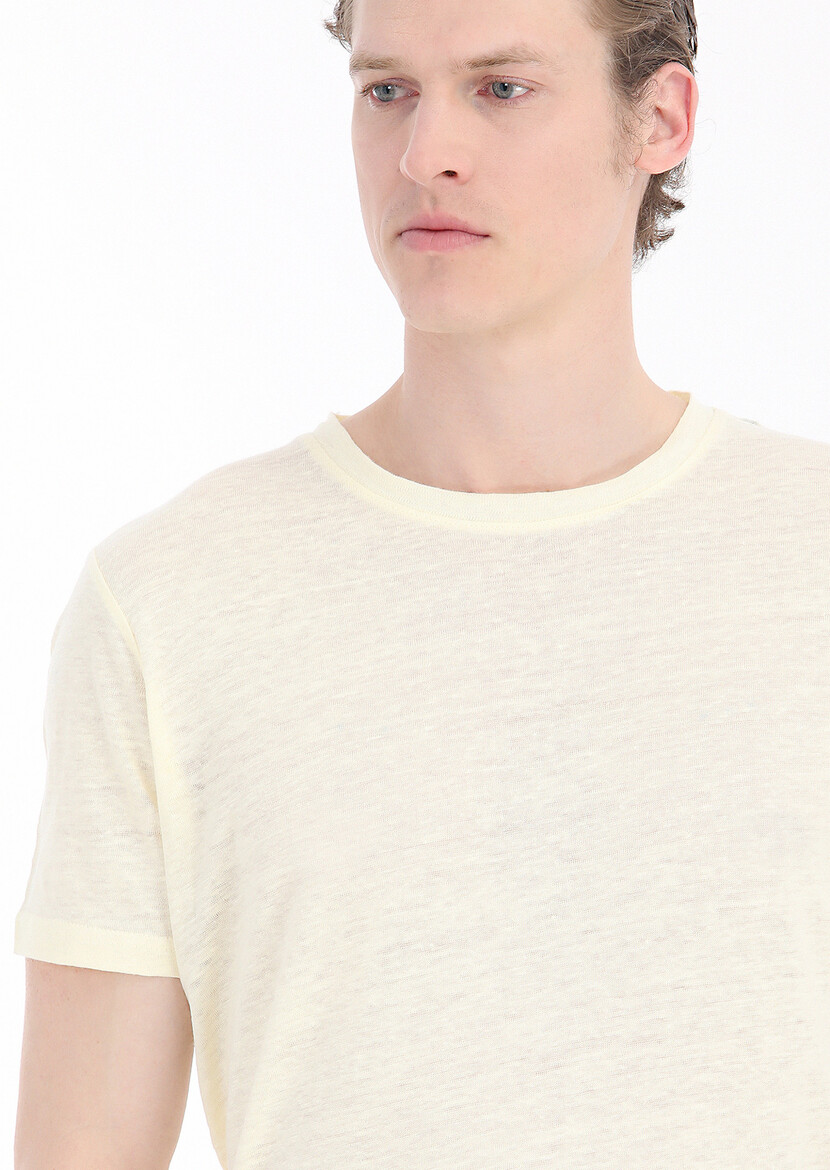 Yellow Plain Crew Neck 100% Linen T-Shirt - 4