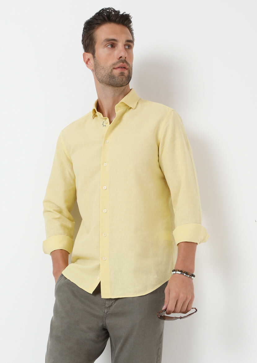 Yellow Plain Regular Fit Long Weaving Casual Cotton Blended Shirt 