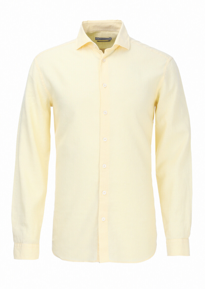 Yellow Plain Regular Fit Long Weaving Casual Cotton Blended Shirt 